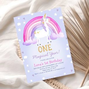 Invitation Purple rose année magique Unicorn 1er anniversaire