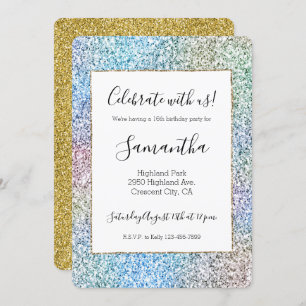 Invitation Purple rose Aqua Blue Gold Unicorn Parties scintil