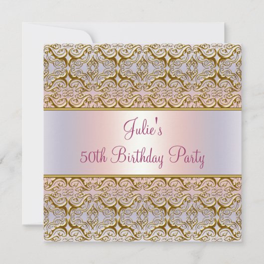 Invitation Purple rose Damask femmes 50e fête d'anniversaire (Devant)