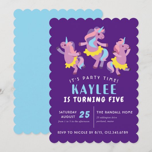 Invitation Purple Rose Danser Unicorn Enfants Anniversaire (Devant / Derrière)