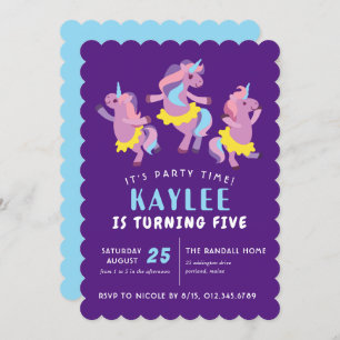 Invitation Purple Rose Danser Unicorn Enfants Anniversaire