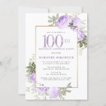 Invitation Purple Rose Floral 100e anniversaire Surprise Part<br><div class="desc">Faites honneur à une femme spéciale avec cette invitation élégante et féminine 100e anniversaire. Le 100ème est écrit en gros texte violet. Anniversaire Surprise Party suit. Le nom de l'invité honoré est également en lettres majuscules violettes. Le reste du texte est doucement gris colombe. Les détails de la célébration du...</div>