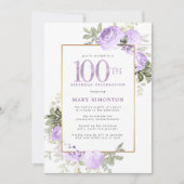 Invitation Purple Rose Floral 100e fête d'anniversaire (Devant)