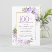 Invitation Purple Rose Floral 100e fête d'anniversaire (Debout devant)