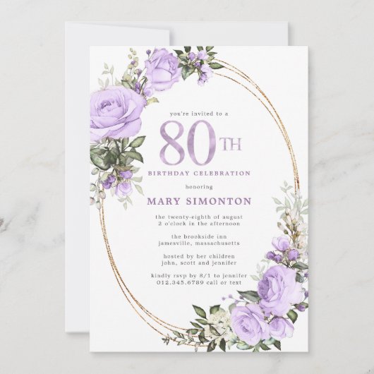 Invitation Purple Rose Floral 80e fête d'anniversaire (Devant)
