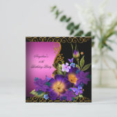 Invitation Purple rose Floral Black Gold fête d'anniversaire (Debout devant)