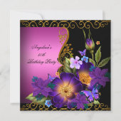 Invitation Purple rose Floral Black Gold fête d'anniversaire (Devant)
