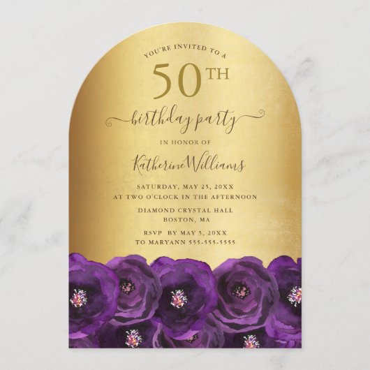 Invitation Purple Rose Floral Gold 50th Birthday Party (Devant)