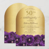 Invitation Purple Rose Floral Gold 50th Birthday Party (Devant / Derrière)