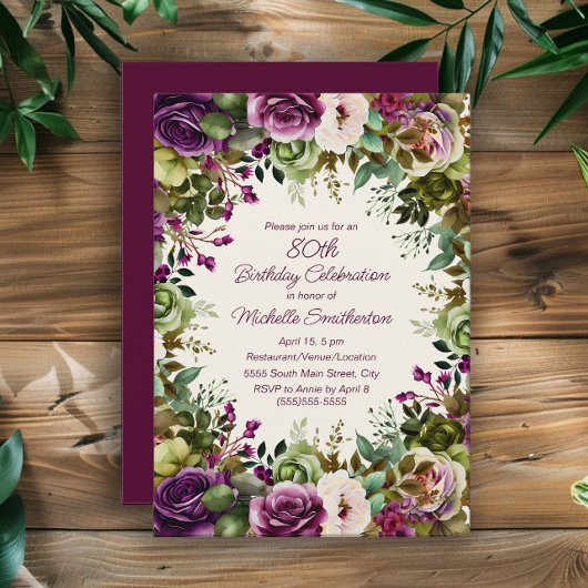 Invitation Purple rose Floral Vert Feuilles 80e anniversaire