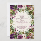 Invitation Purple rose Floral Vert Feuilles 80e anniversaire (Devant)