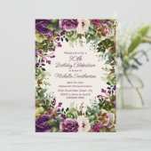 Invitation Purple rose Floral Vert Feuilles 90e anniversaire (Debout devant)