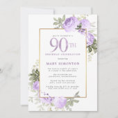 Invitation Purple Rose Gold Floral 90e fête d'anniversaire (Devant)