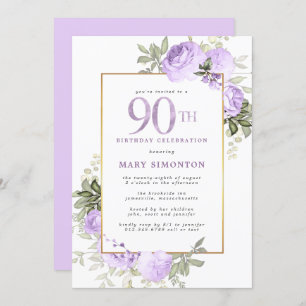 Invitation Purple Rose Gold Floral 90e fête d'anniversaire