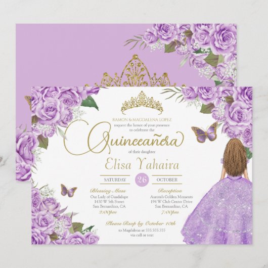 Invitation Purple Rose Gold Tiara Butterfly Elegant Quince (Devant / Derrière)