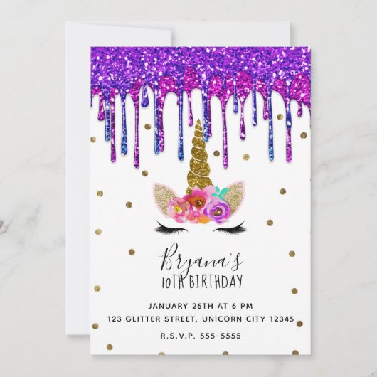 Invitation Purple & Rose Parties scintillant Drift Unicorn An (Devant)