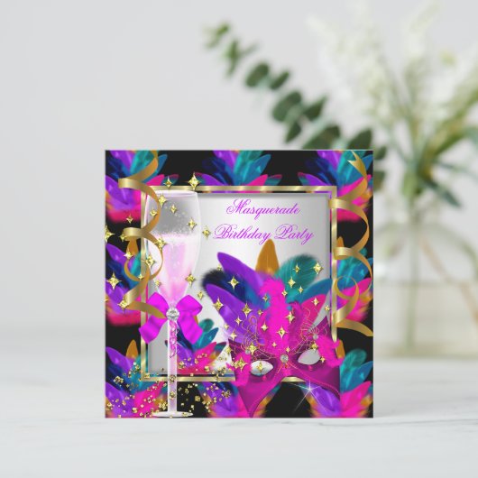 Invitation Purple rose Turquoise bleu Masquerade fête Anniver (Debout devant)