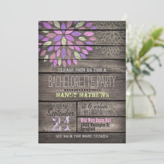 Invitation Purple, Rose, Vert ; soirée de bachelorette rustiq (Debout devant)