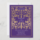 Invitation Purple Royal Medieval Gold Sword Wedding QR Code (Devant)