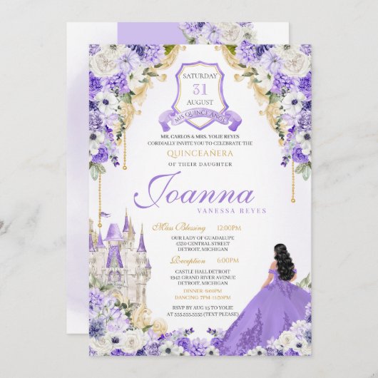 Invitation Purple Royal Princess Gold & Lavender Quinceanera (Devant / Derrière)
