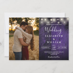 Invitation Purple Rustic Bois Chaîne Lumières Mariage Photo