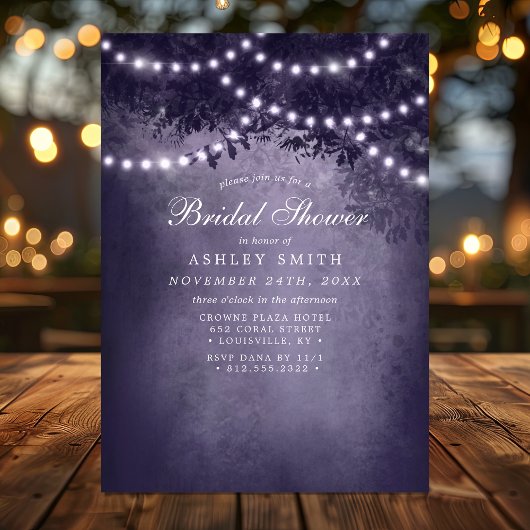 Invitation Purple Rustic Tree String Lumières Fête des mariée
