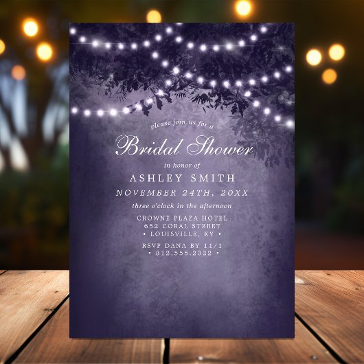 Invitation Purple Rustic Tree String Lumières Fête des mariée