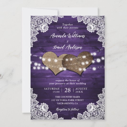 Invitation Purple Rustique Burlap Lights Mariage (Devant)