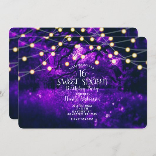Invitation Purple Rustique Enchantée Lumières Forêt Douce 16 (Devant / Derrière)