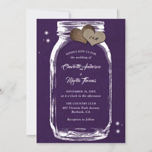 Invitation Purple Rustique Pays Burlap Mason Jar Mariage (Devant)