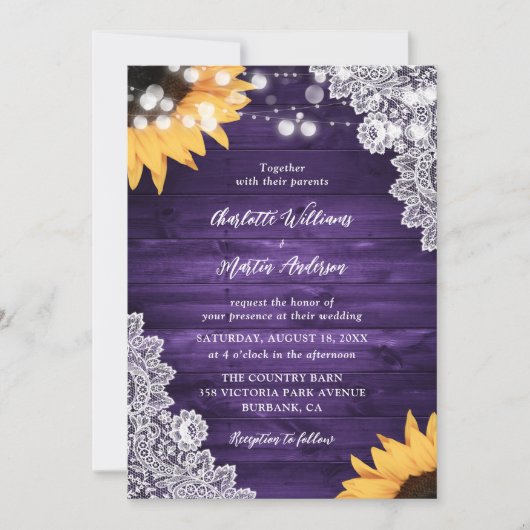Invitation Purple Rustique Pays Dentelle de bois Mariage de t (Devant)