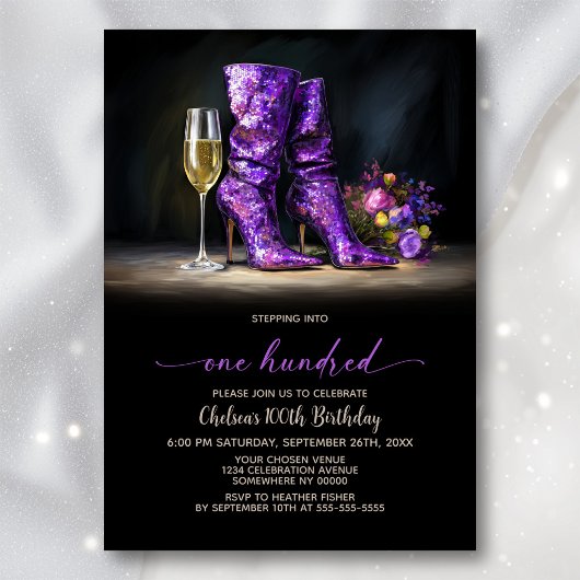 Invitation Purple Sequin Boots 100th Birthday Party