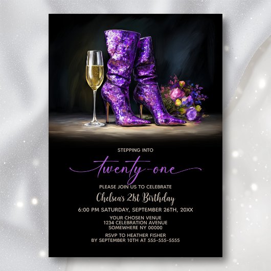 Invitation Purple Sequin Boots 21st Birthday Party