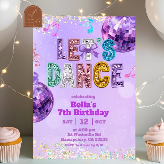 Invitation Purple Sequin Glitter Let's Dance Birthday