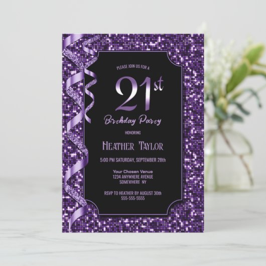 Invitation Purple Sequins 21e fête d'anniversaire (Debout devant)