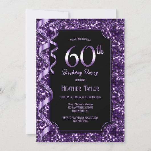 Invitation Purple Sequins 60e fête d'anniversaire (Devant)