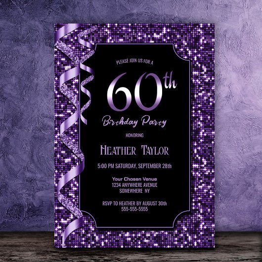 Invitation Purple Sequins 60e fête d'anniversaire