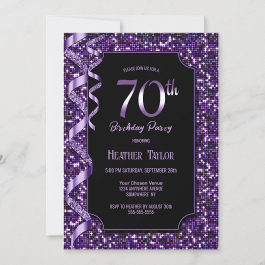 Invitation Purple Sequins 70e fête d'anniversaire (Devant)
