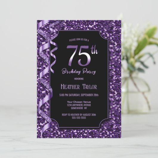 Invitation Purple Sequins 75e fête d'anniversaire (Debout devant)