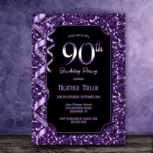 Invitation Purple Sequins 90e fête d'anniversaire