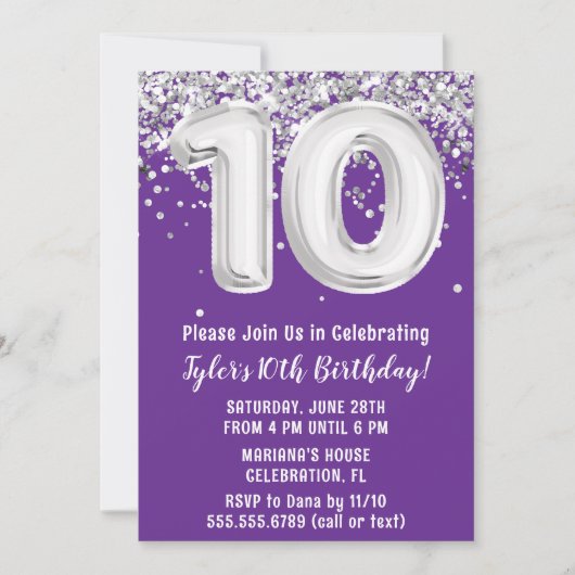 Invitation Purple Silver 10e fête d'anniversaire (Devant)