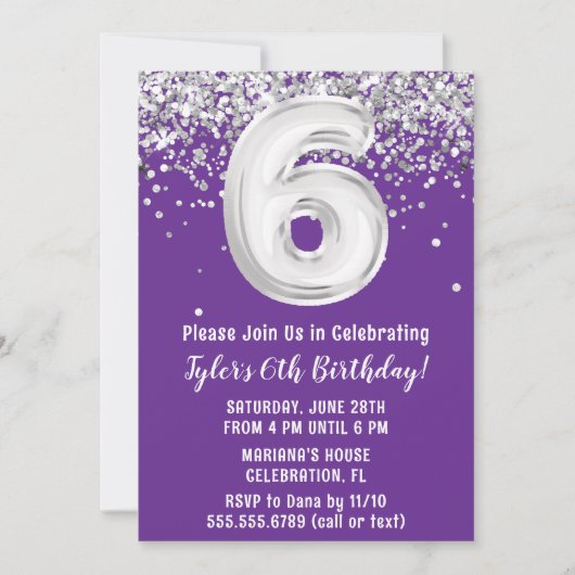 Invitation Purple Silver 6e fête d'anniversaire (Devant)
