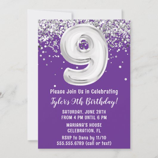 Invitation Purple Silver 9e fête d'anniversaire (Devant)