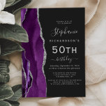 Invitation Purple Silver Agate Dark 50th Birthday Party<br><div class="desc">Le bord gauche de cette élégante invitation à la fête d'anniversaire moderne comporte une bordure d'agate d'aquarelle violette ornée d'une fausse parties scintillant argentée. Le texte personnalisable combine écriture gris argenté, copperplate et polices italiques sur un arrière - plan noir ardoise. L'envers est assorti d'un design d'agate violet et argenté...</div>