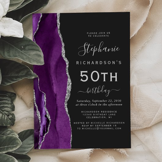 Invitation Purple Silver Agate Dark 50th Birthday Party