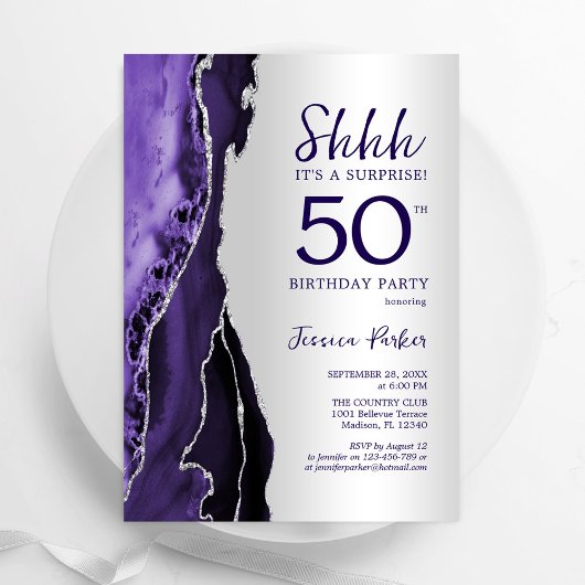 Invitation Purple Silver Agate Surprise 50e anniversaire