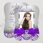 Invitation Purple Silver Damask & Tiara Photo Quinceanera (Devant / Derrière)