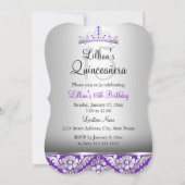Invitation Purple Silver Damask & Tiara Photo Quinceanera (Dos)