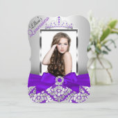 Invitation Purple Silver Damask & Tiara Photo Quinceanera (Debout devant)
