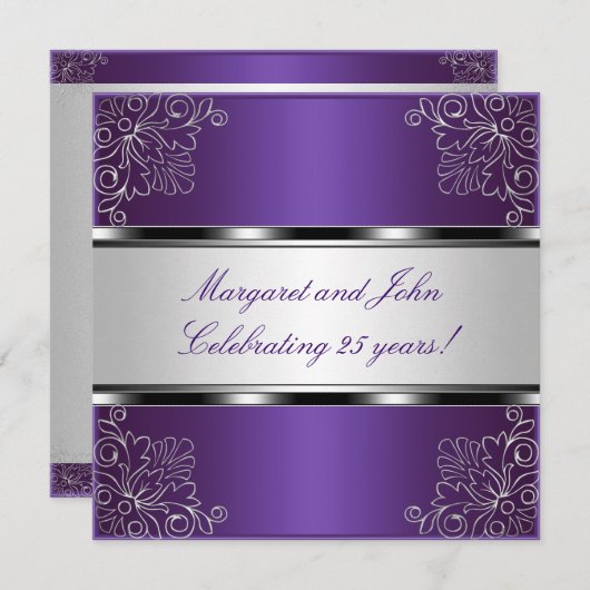 Invitation Purple Silver Floral 25e anniversaire fête (Devant / Derrière)
